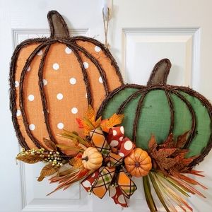 Fall Polka-dot Print Pumpkin Grapevine Doorhanger